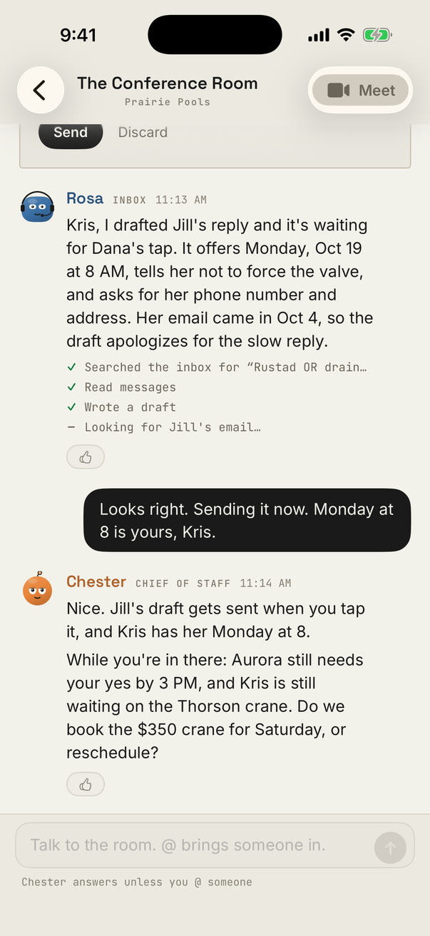 The same room on Dana's iPhone: Rosa's note about the draft, Dana's reply, and Chester's follow-up.